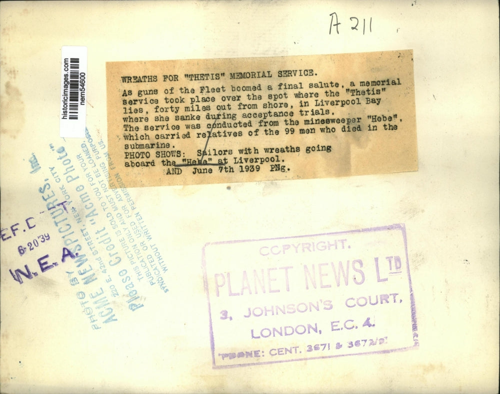 1939 Press Photo Wreaths for Thetis memorial service in Liverpool Bay