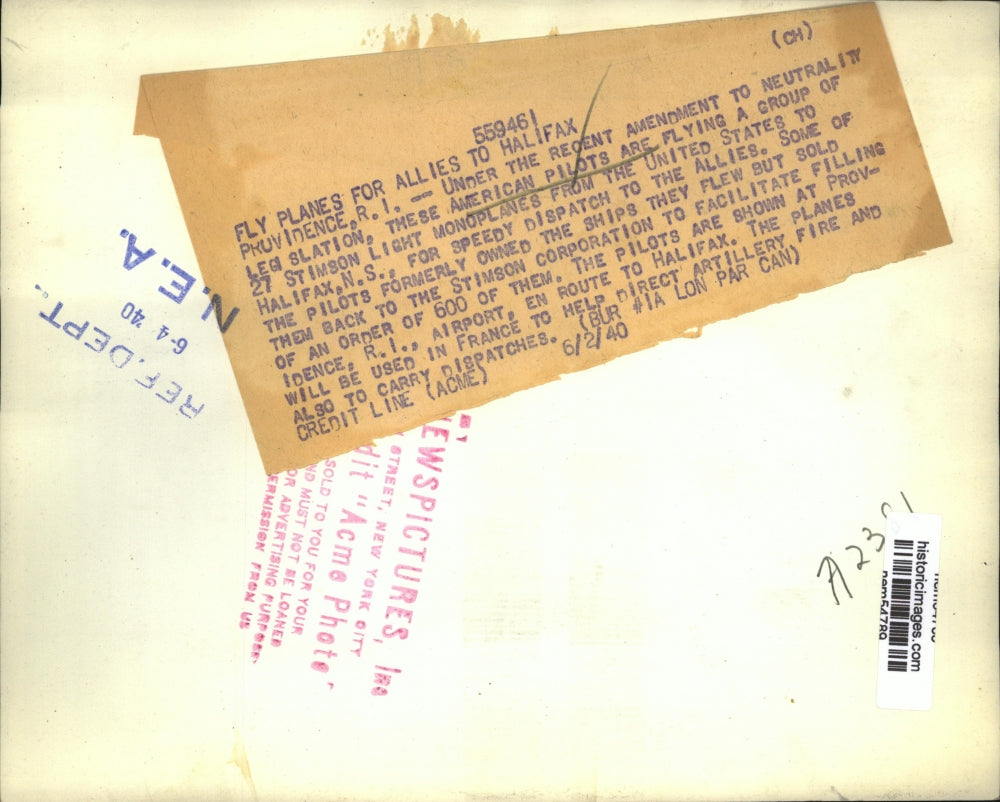 1940 Press Photo American Pilots will fly Stimson Light Monoplanes to Halifax