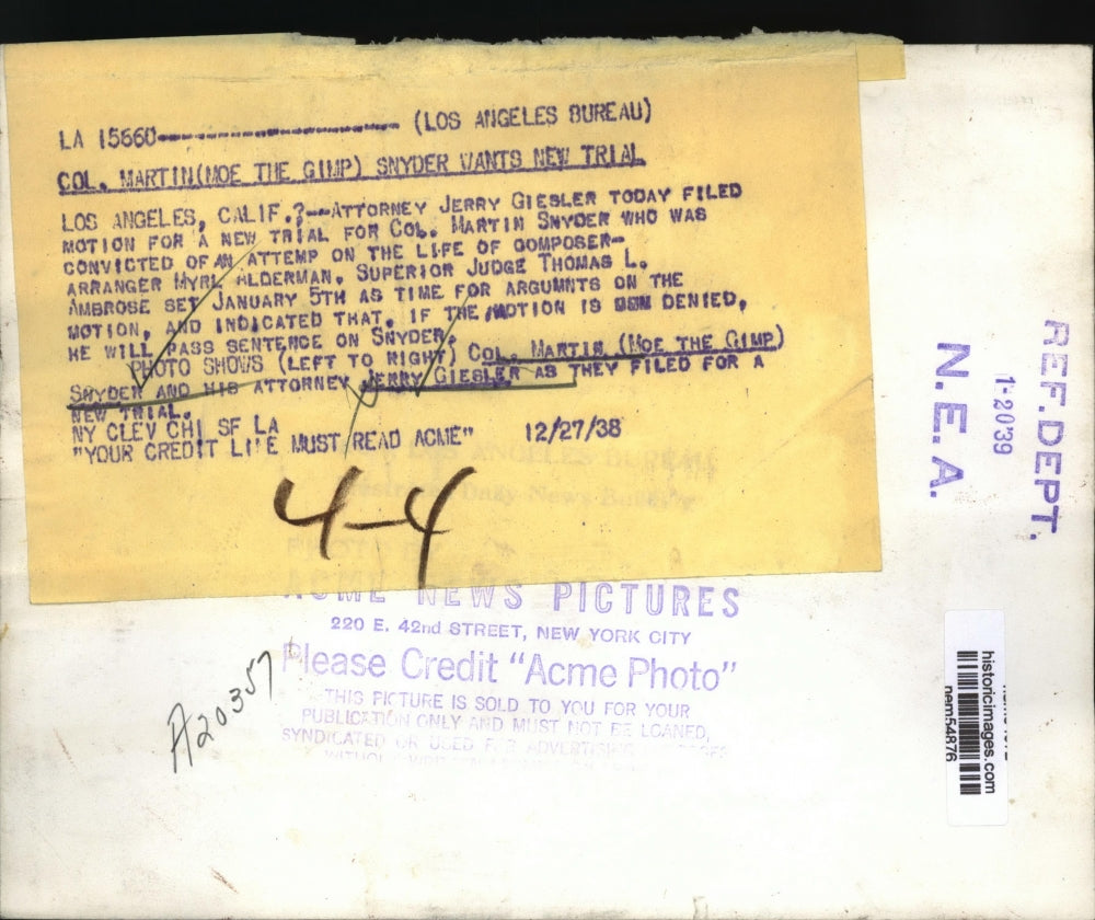 1938 Press Photo Col Martin Snyder & attorney Jerry Giebler file for new trial