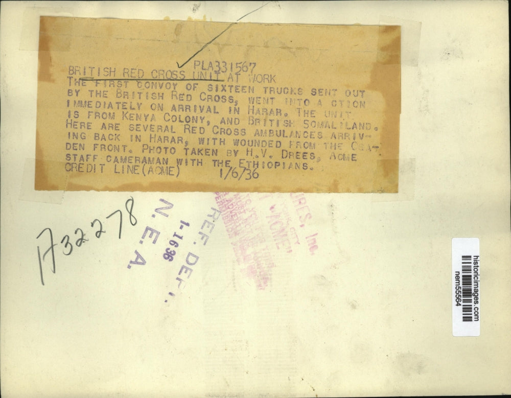 1936 Press Photo The British Red Cross trucks arrive in Harar from Kenya Colony