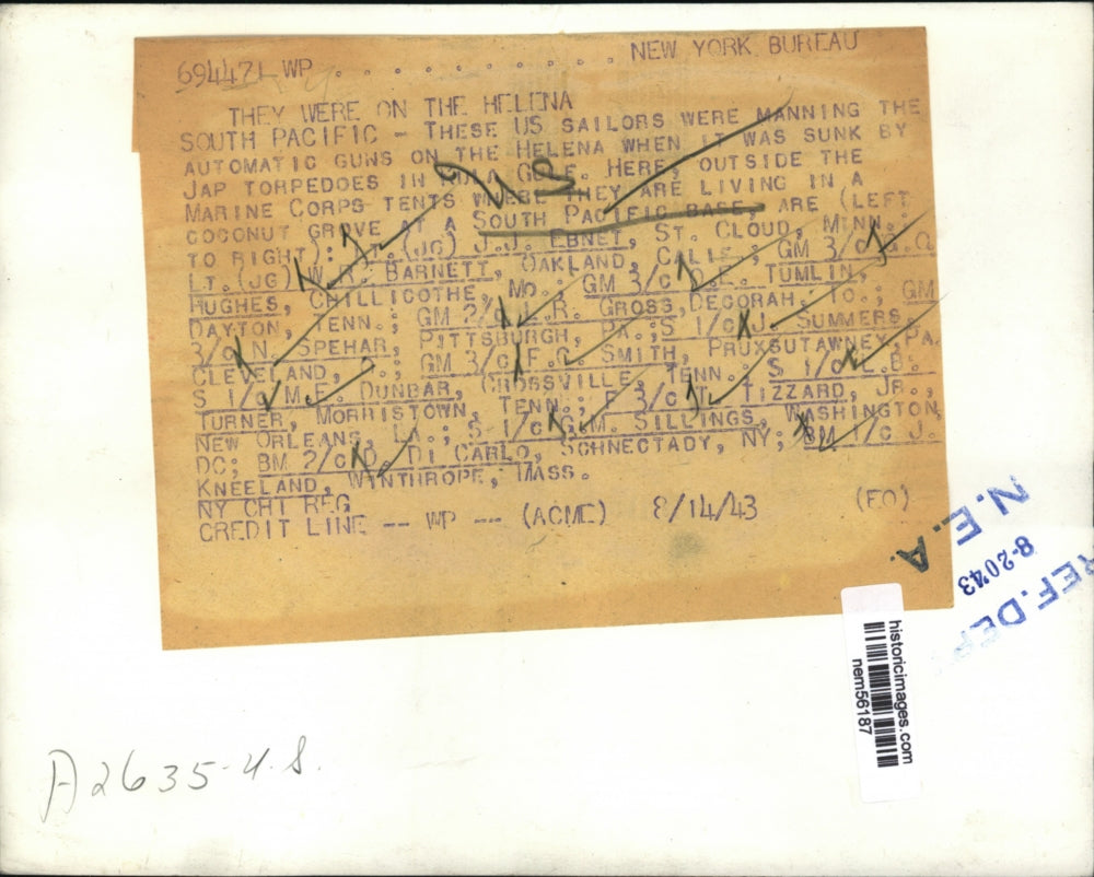 1943 Press Photo U.S. Sailors Manning Guns On Helena Sunk by Japanese Torpedos