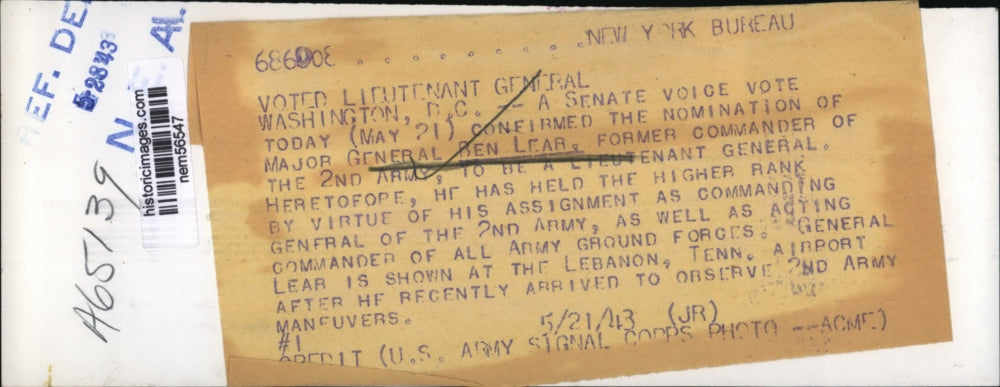 1943 Press Photo Maj.Gen. Ben Lear Lieutenant General of the 2nd Army