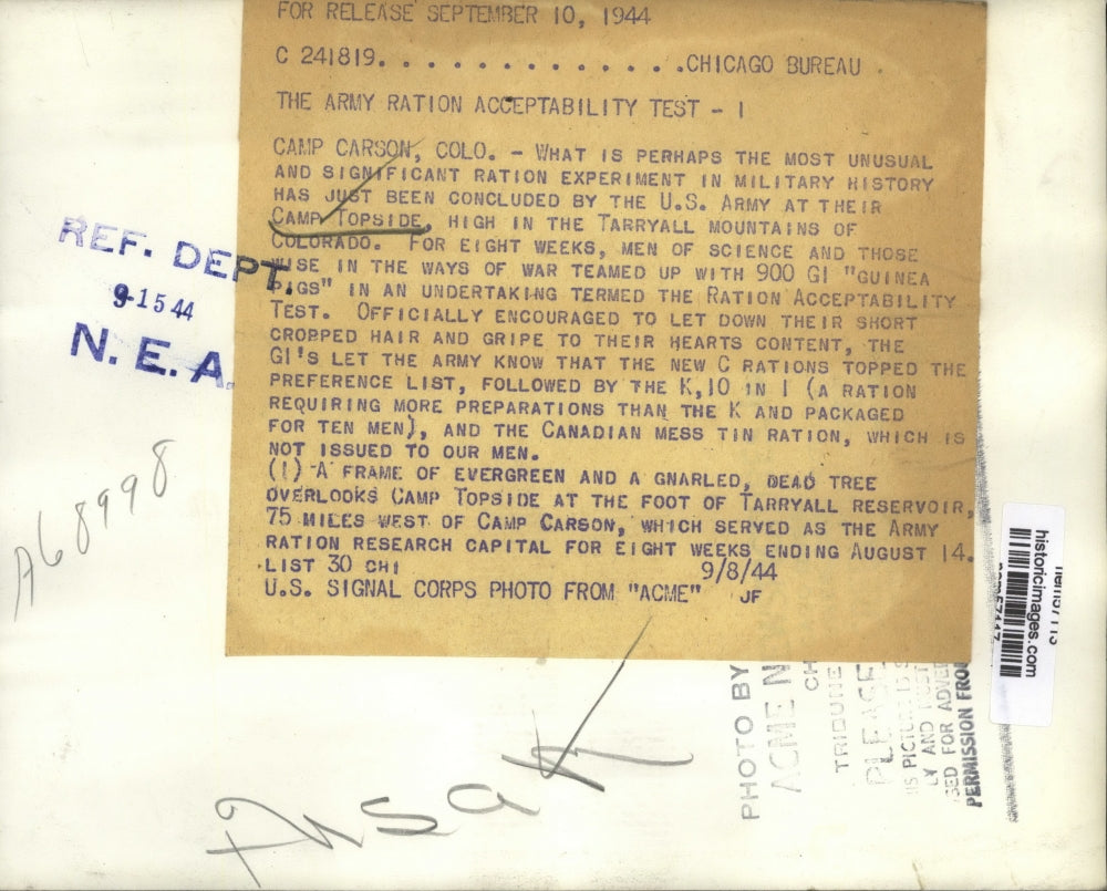 1944 Press Photo Camp Topside which serves as Army Ration Research Capital