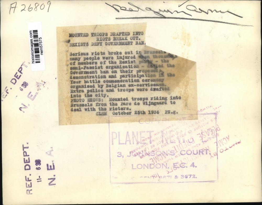 1936 Press Photo Mounted troops ride into Brussels to deal with rioters