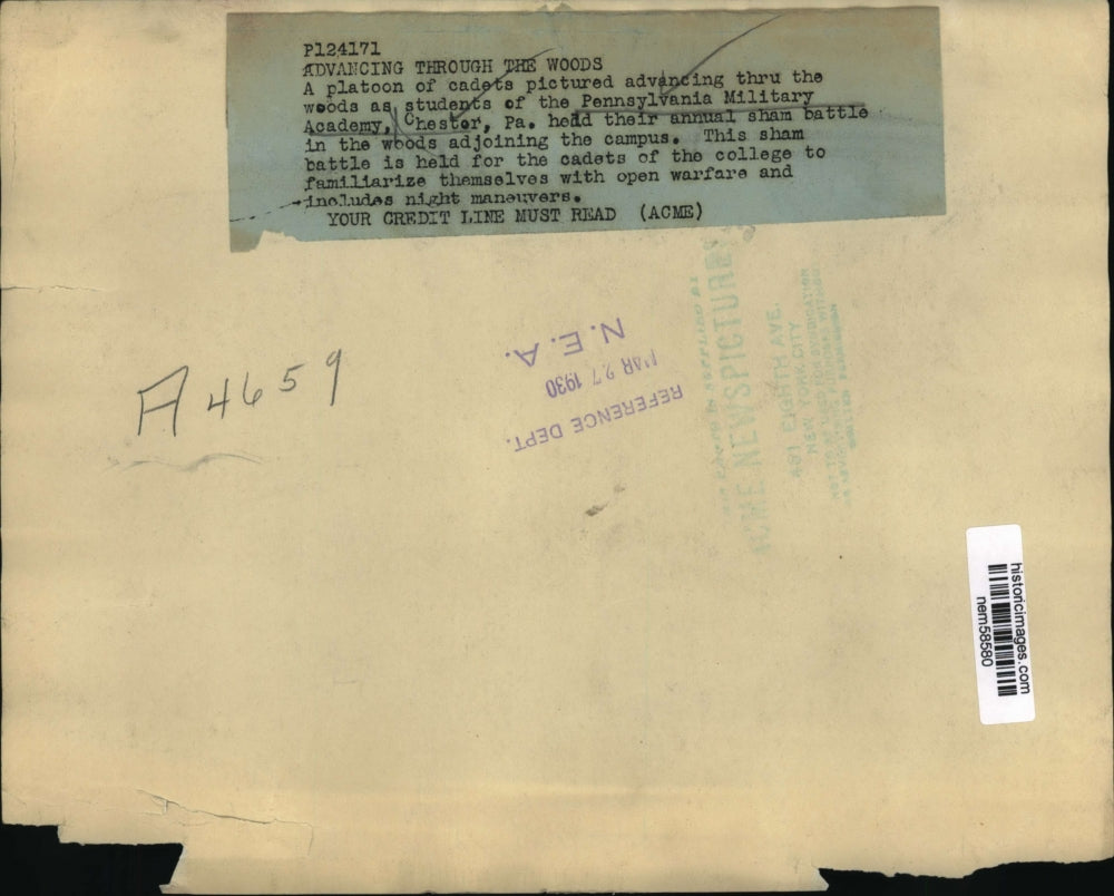 1930 Press Photo Cadets advancing thru the woods of Pennsylvania Military School