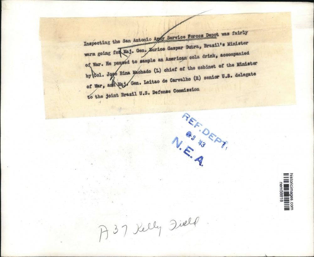 1943 Press Photo Brazil Minister of War in San Antonio Army Service Forces Depot