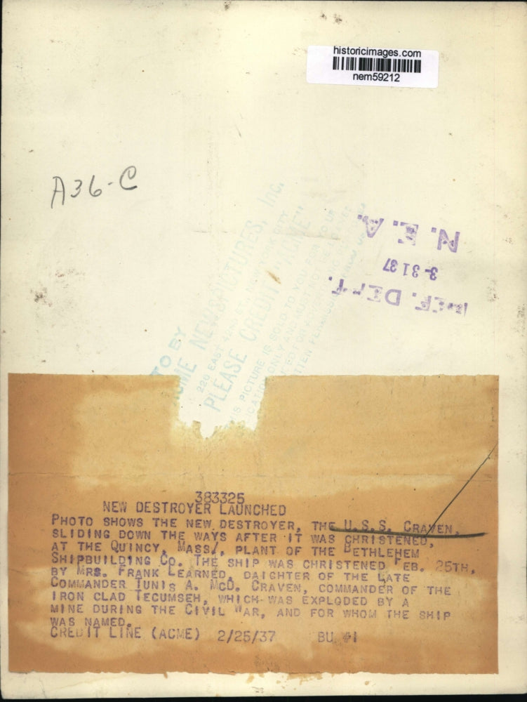 1937 Press Photo The United States Ship Craven launched at Quincy Plant