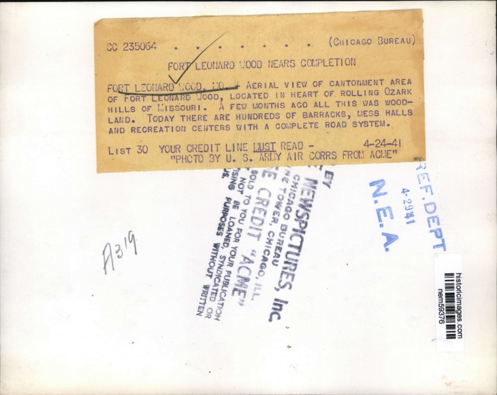 1941 Press Photo Aerial View of Cantonment Area of Fort Leonard Wood