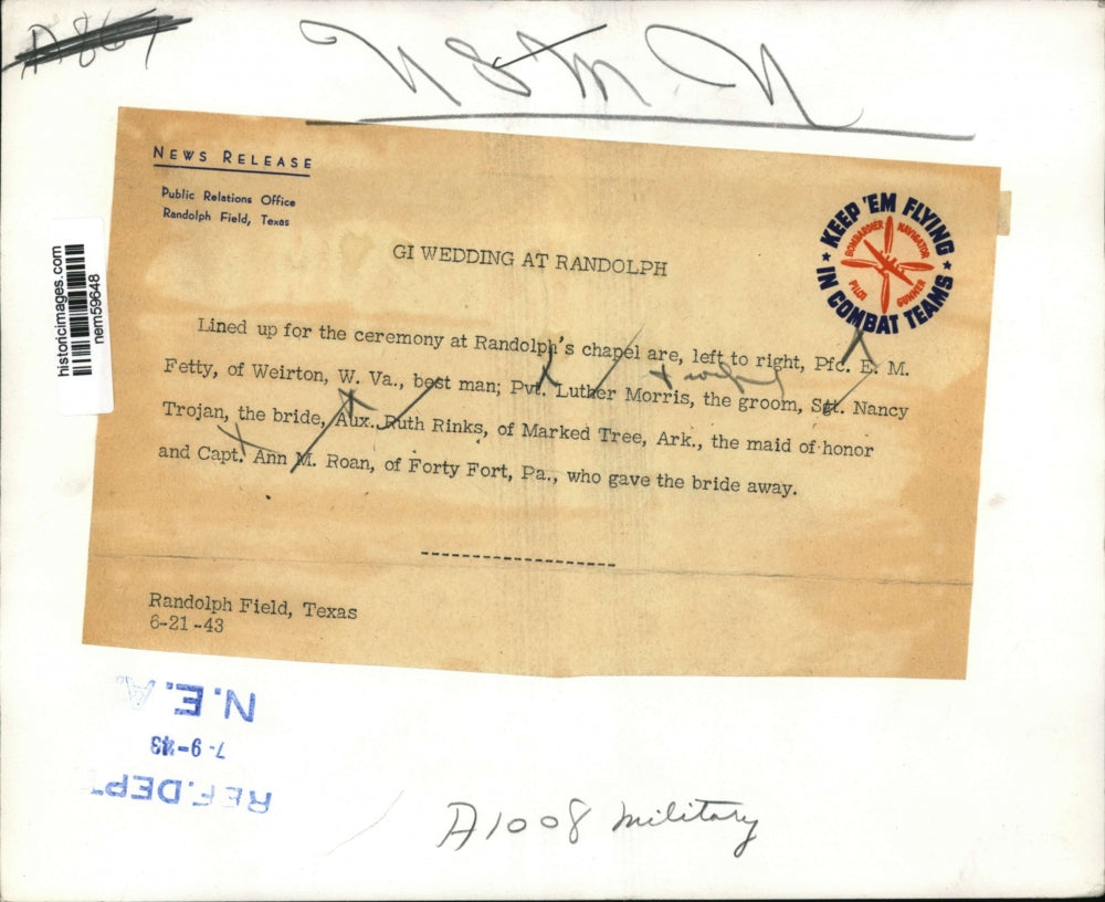 1943 Press Photo U.S Army Wedding Ceremonies at Randolph Chapel - nem59648