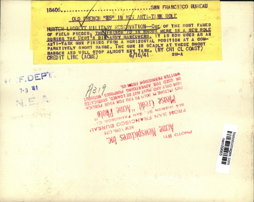 1941 Press Photo The French 75 used during the West Big Army Maneuvers