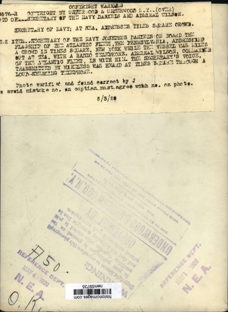 1920 Press Photo Josephus Daniels and Admiral Wilson of the Atlantic Fleet