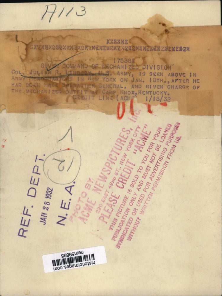 1932 Press Photo Colonel Julian R. Lindsey named head of Mechanized Division