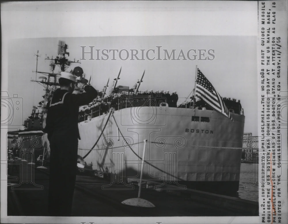 1955 Press Photo American Missile Cruiser "Boston" during the commissioning