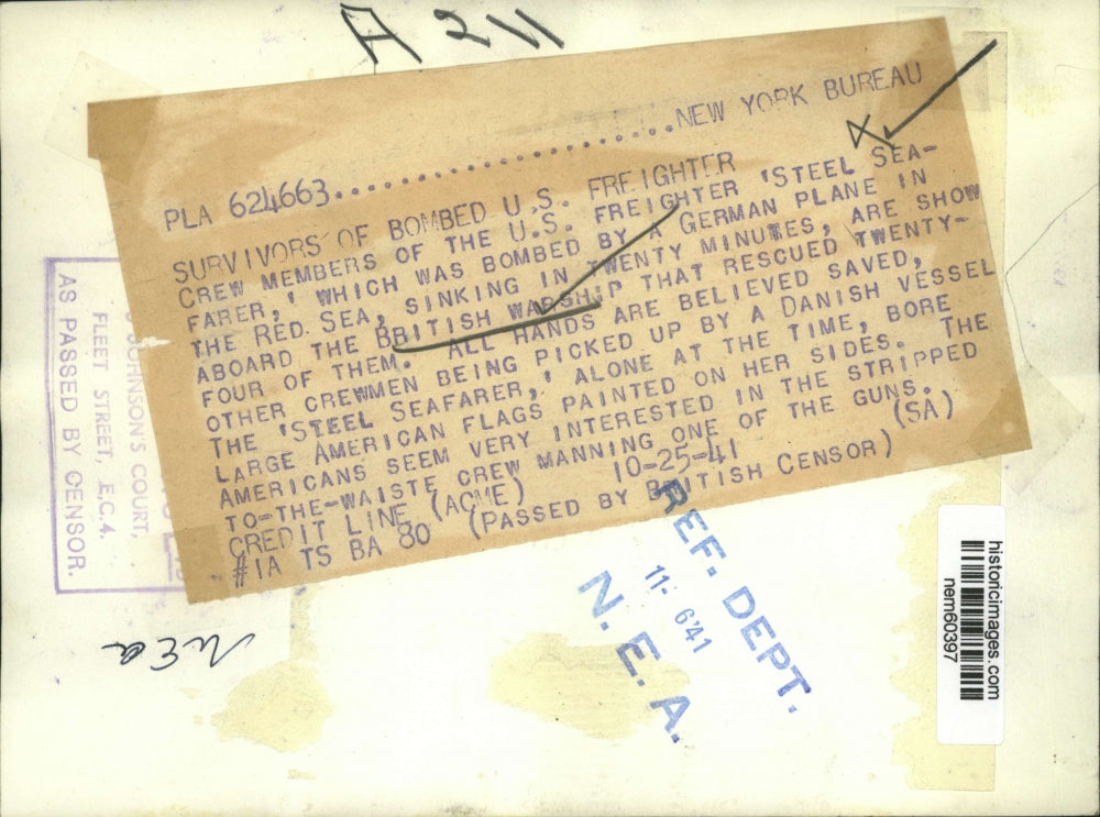 1941 Press Photo British Warship rescues 'Steel Seafarer' survivors from bombing