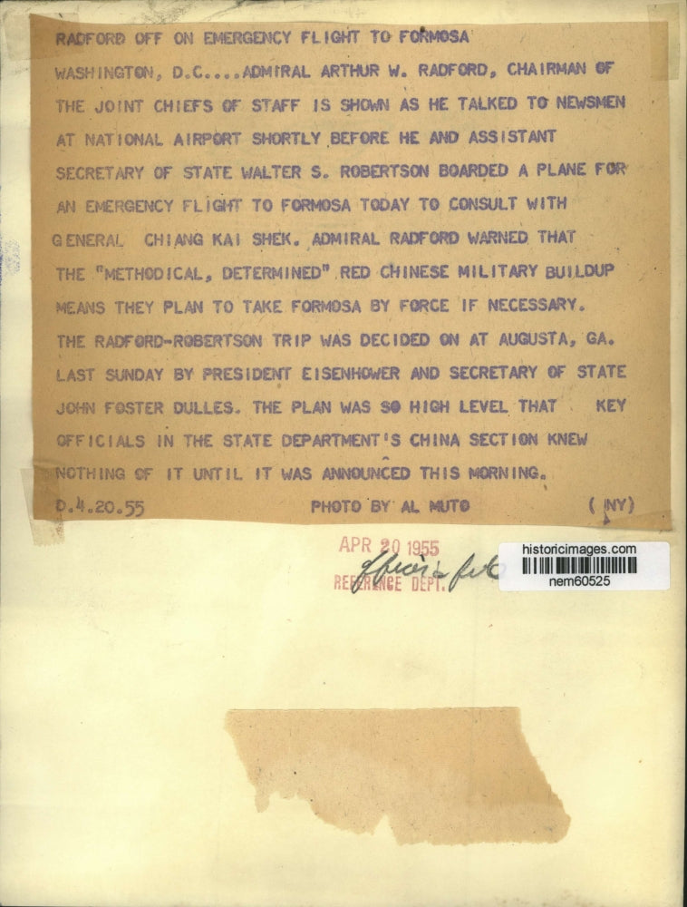 1955 Press Photo Admiral Arthur W.Radford Chairman of the Joint Chiefs of Staff