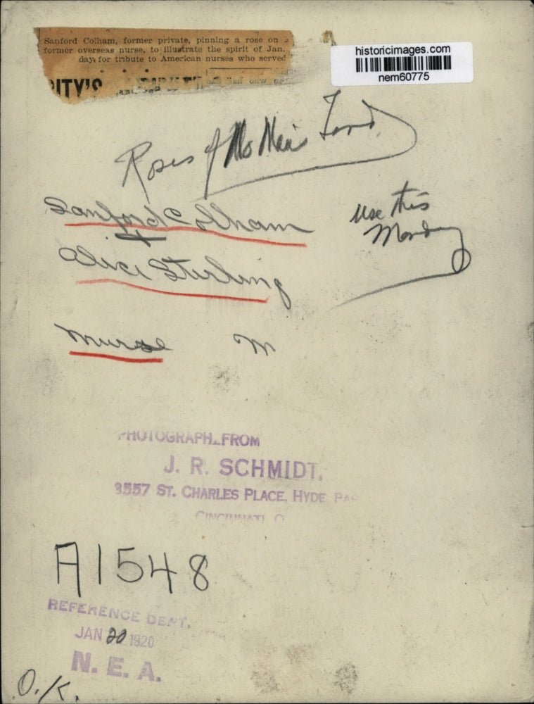 1920 Press Photo Sanford Colham pinned Rose on American Overseas Nurse