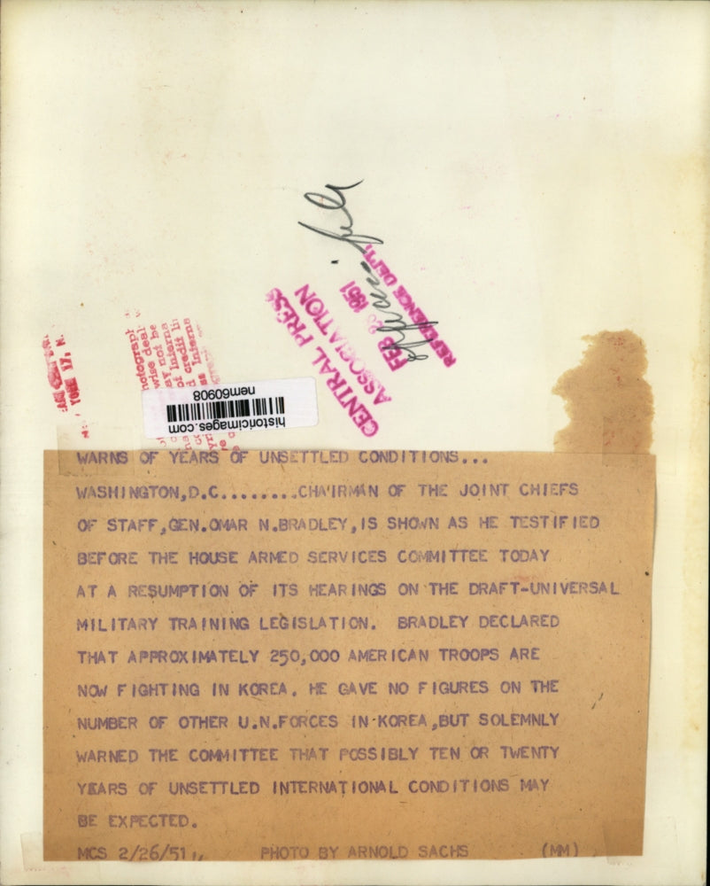 1951 Press Photo General Omar Bradley testifies before House Committee hearing