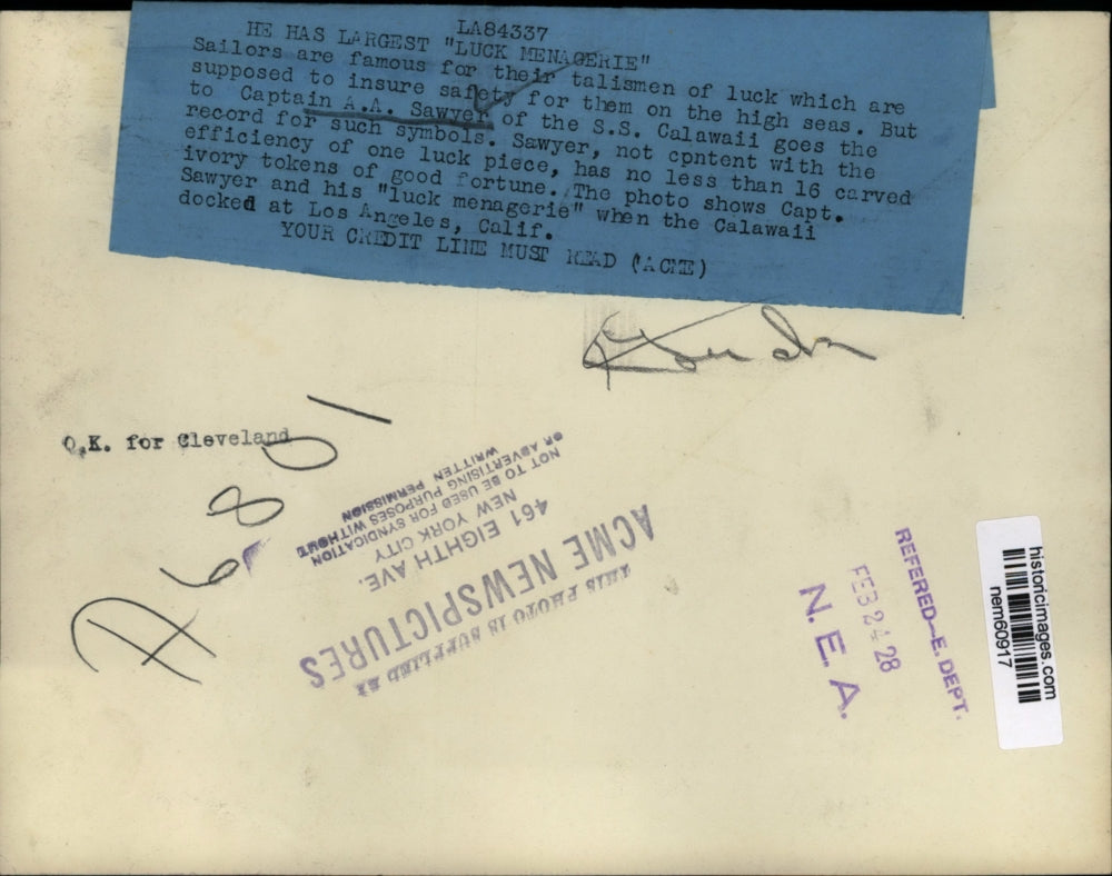 1928 Press Photo Captain A.A. Sawyer of the S.S Calawaii Los Angeles - nem60917