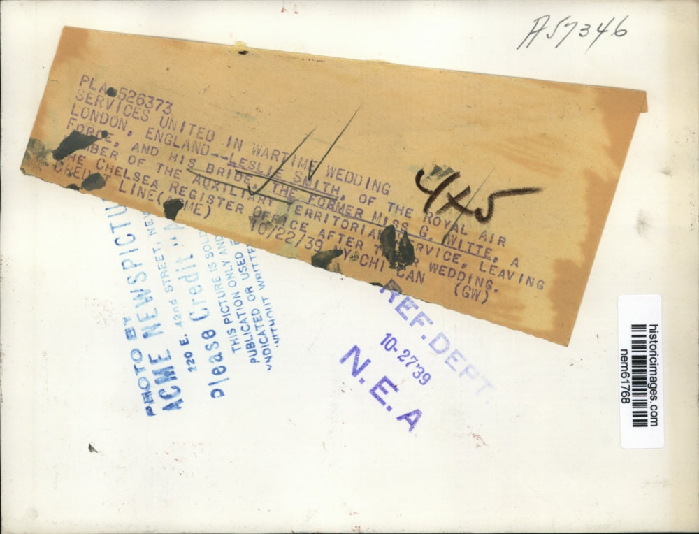 1939 Press Photo Leslie Smith of Royal Air Force marries Miss G. Witte