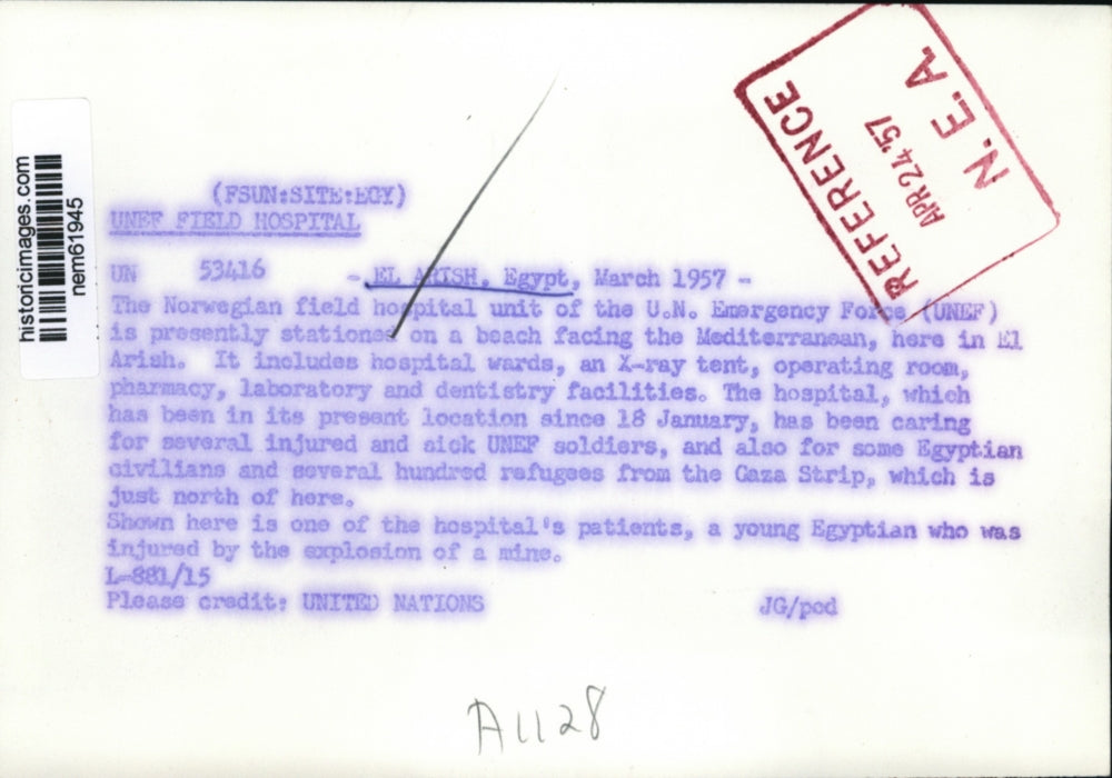 1957 Press Photo Egyptian Patients in U.N Field Hospital in El Arish Egypt