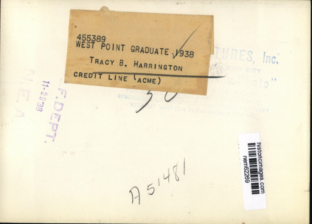 1938 Press Photo Tracy B. Harrington, West Point graduate - nem62269