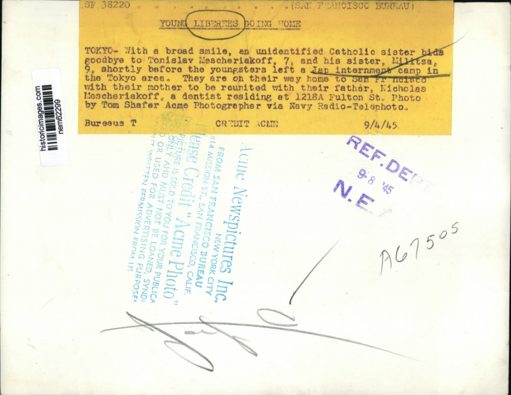 1945 Press Photo Mescheriakoff children leave Japanese internment camp, Tokyo