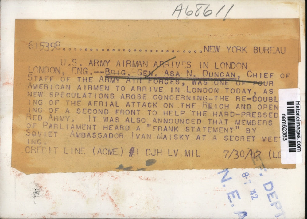 1942 Press Photo General Asa Ducan of American Army Air Force arrives London