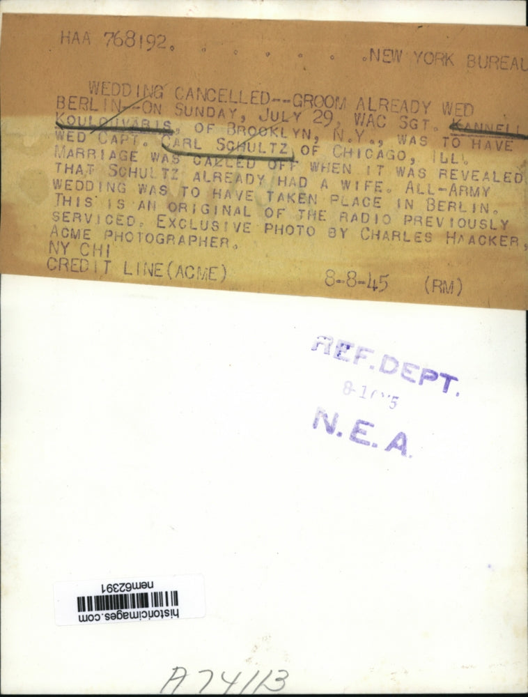 1945 Press Photo Kanneli Koulouvaris calls off wedding with Captain Carl Schultz