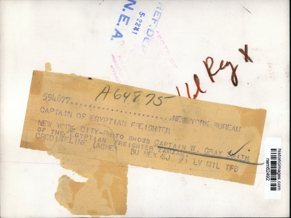 1941 Press Photo Captain W. Gray Smith of he Egyptian freighter Zamzam