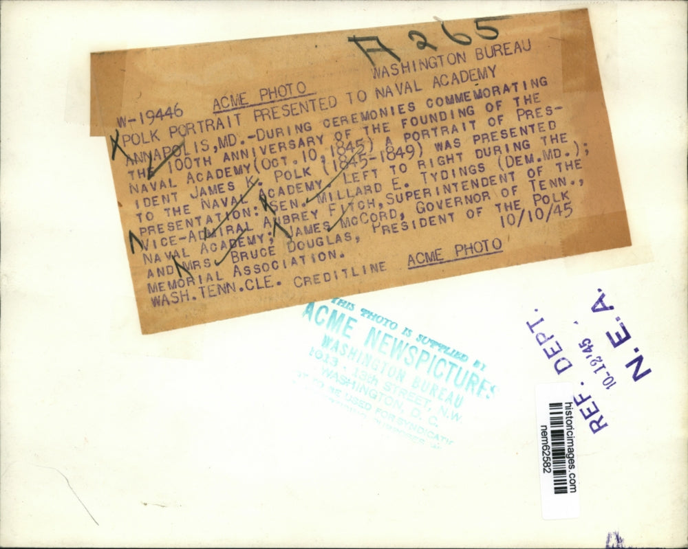 1945 Press Photo President James Polk''s portrait presented to the Naval Academy