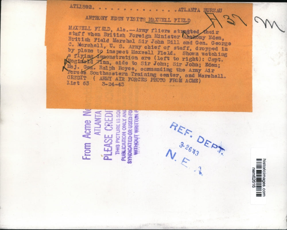 1943 Press Photo British Foreign Minister Anthony Eden visits Maxwell Field Ala.