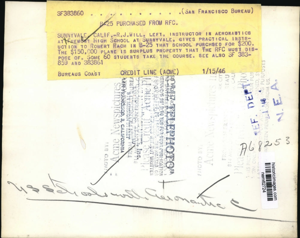 1947 Press Photo Aeronautic instructor and Robert Rach in the B-25 plane