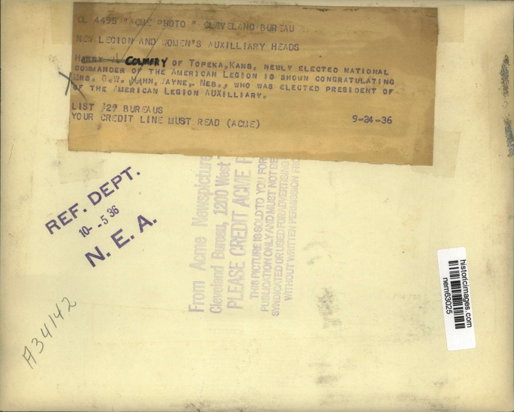 1936 Press Photo Harry Colmery and Mrs. Hahn, elected heads of American Legion