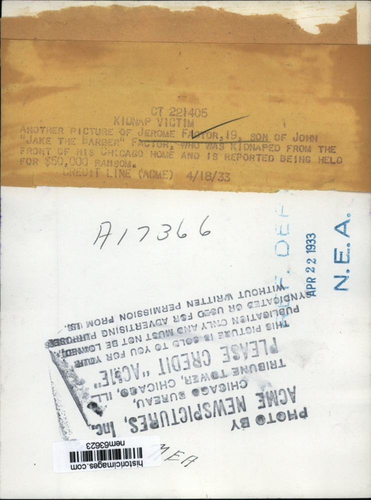 1933 Press Photo Jerome Factor kidnaped from the front of his Chicago Home