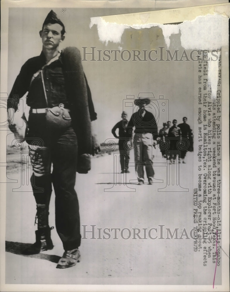 1953 Press Photo Alvie Donahoo crippled by polio hike with Explorer Post 95