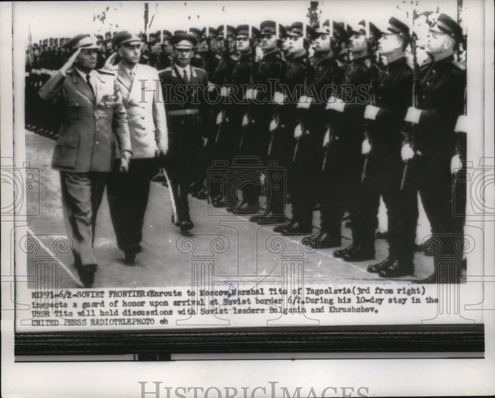 1956 Press Photo Marshal Tito inspecting a guard of honor upon arrival