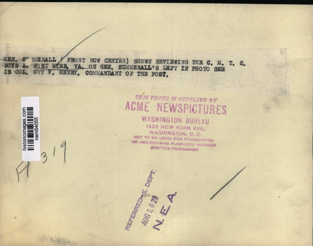 1929 Press Photo General Summerall reviews the men at Fort Myer - nem64055