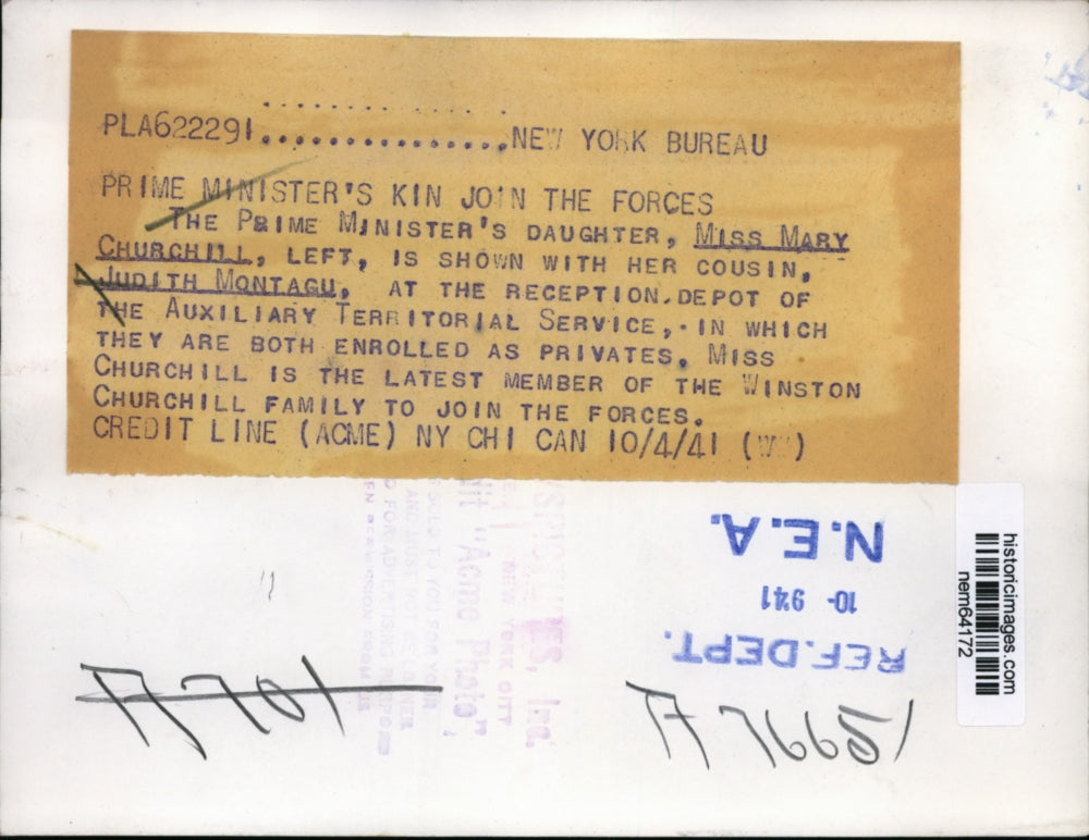 1941 Press Photo Ms. Mary Churchill with Judith Montagu at the reception depot