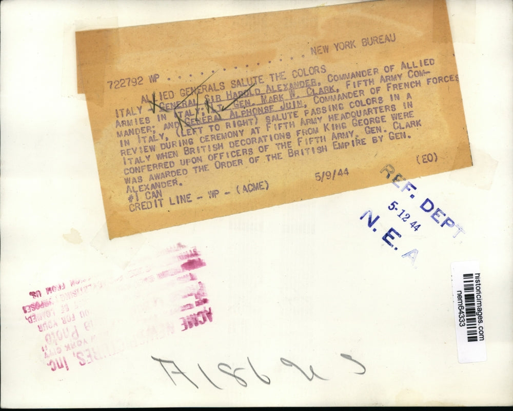 1944 Press Photo Allied Generals salute the colors during Fifth Army ceremony