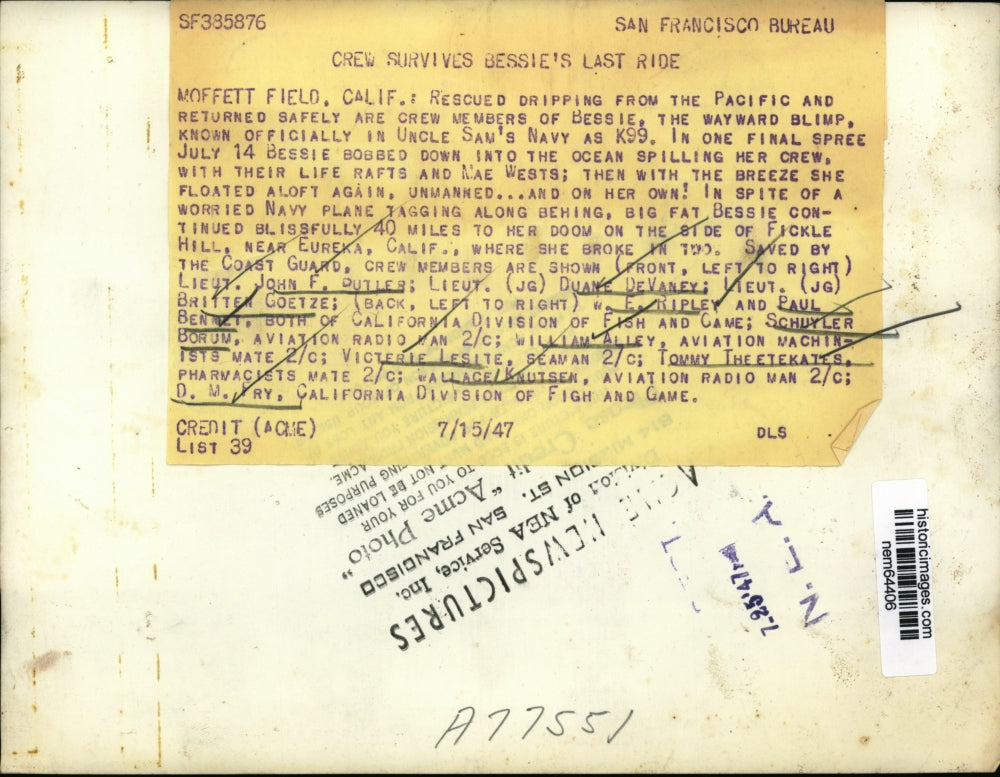 1947 Press Photo Crew members of the ill fated Bessie rescued by the Coast Guard