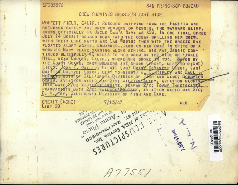 Load image into Gallery viewer, 1947 Press Photo Crew members of the ill fated Bessie rescued by the Coast Guard
