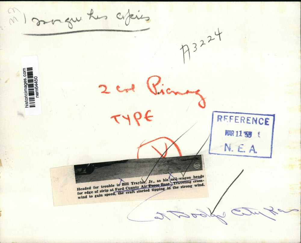 1955 Press Photo Bill Traylor, Jr. travels with sail wagon at Ford County Base