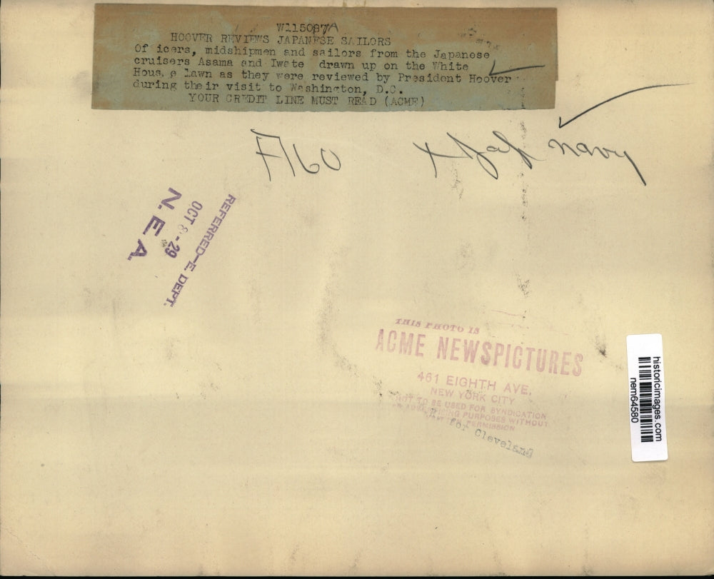 1929 Press Photo Pres.Hebert Hoover reviews Japanese Sailors in Washington