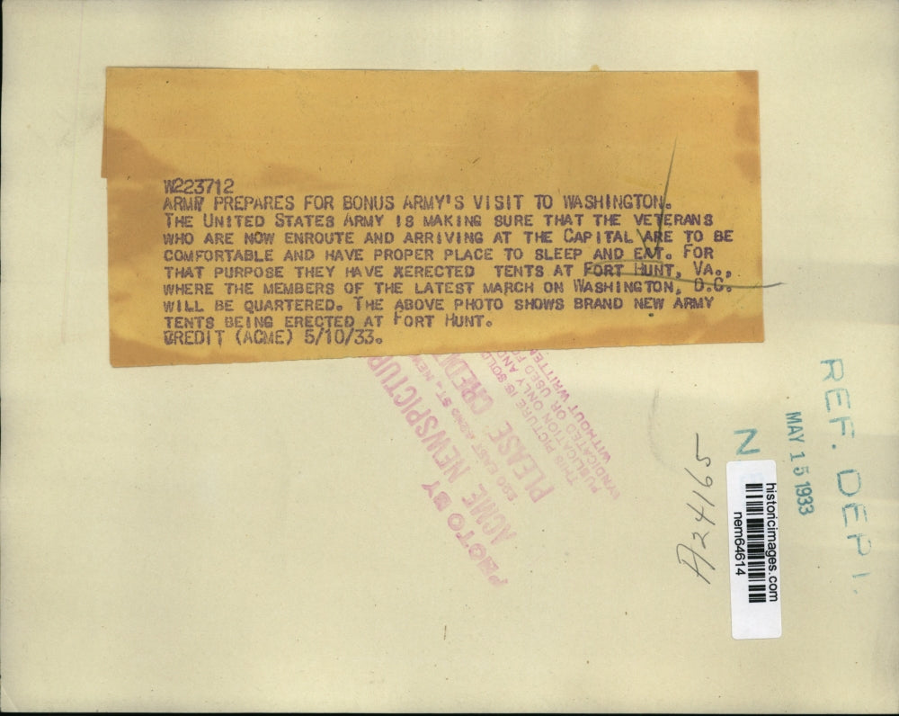 1933 Press Photo Brand New Army Tents Being Erected At Fort Hunt - nem64614