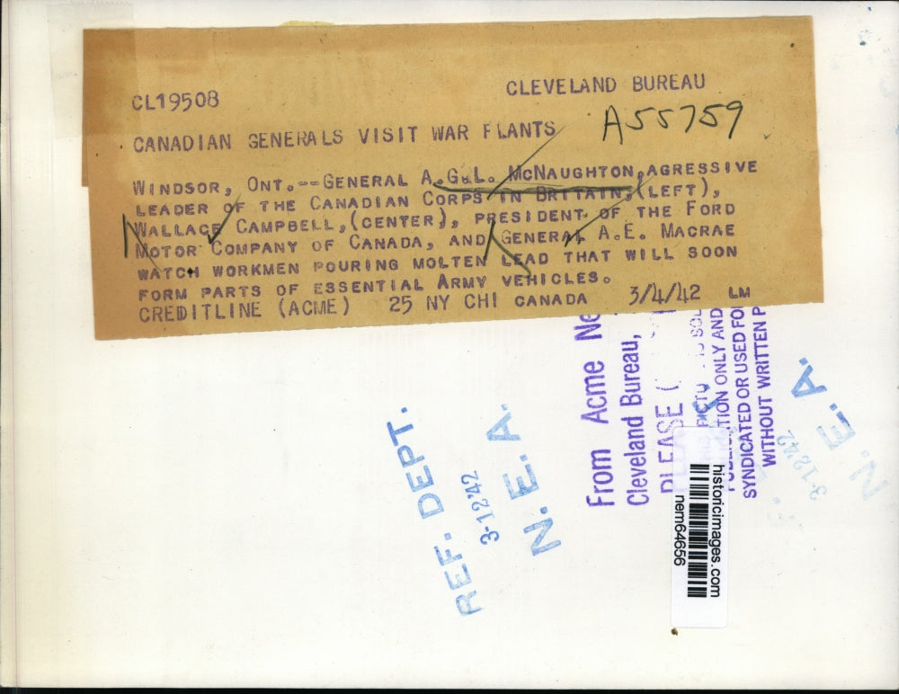 1942 Press Photo Canadian War heads inspect Ford Motor Company Plant - nem64656