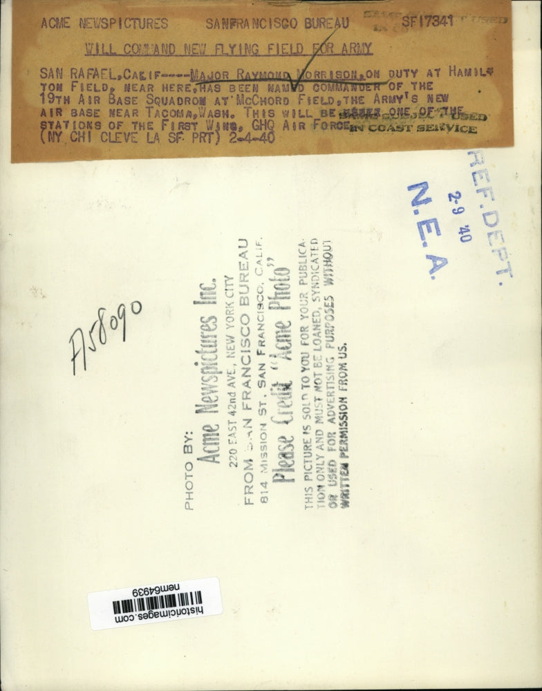 1940 Press Photo Major Raymond Morrison will head the new Air base Squadron