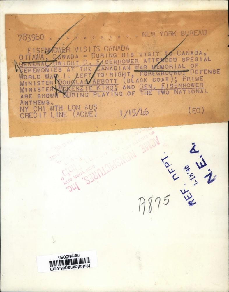 1946 Press Photo Dwight Eisenhower attends Canadian War Memorial ceremonies