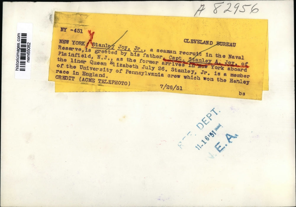 1951 Press Photo Captain Stanley Joy with his son who is a seaman recruit