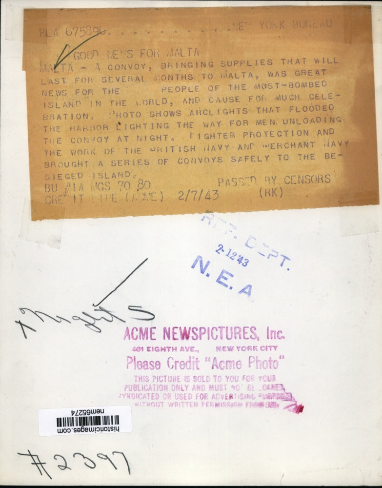 1943 Press Photo Night lights for the Navy Convoy bringing supplies to Malta