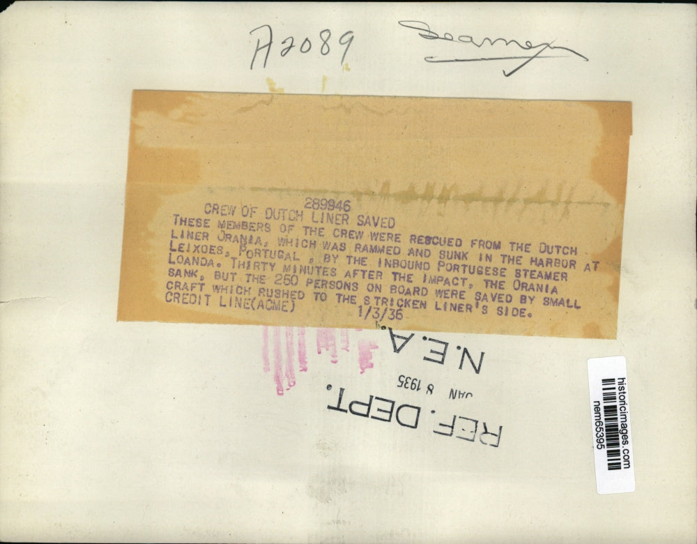 1936 Press Photo Crews of the Dutch Liner Orania saved from the enemy bombings